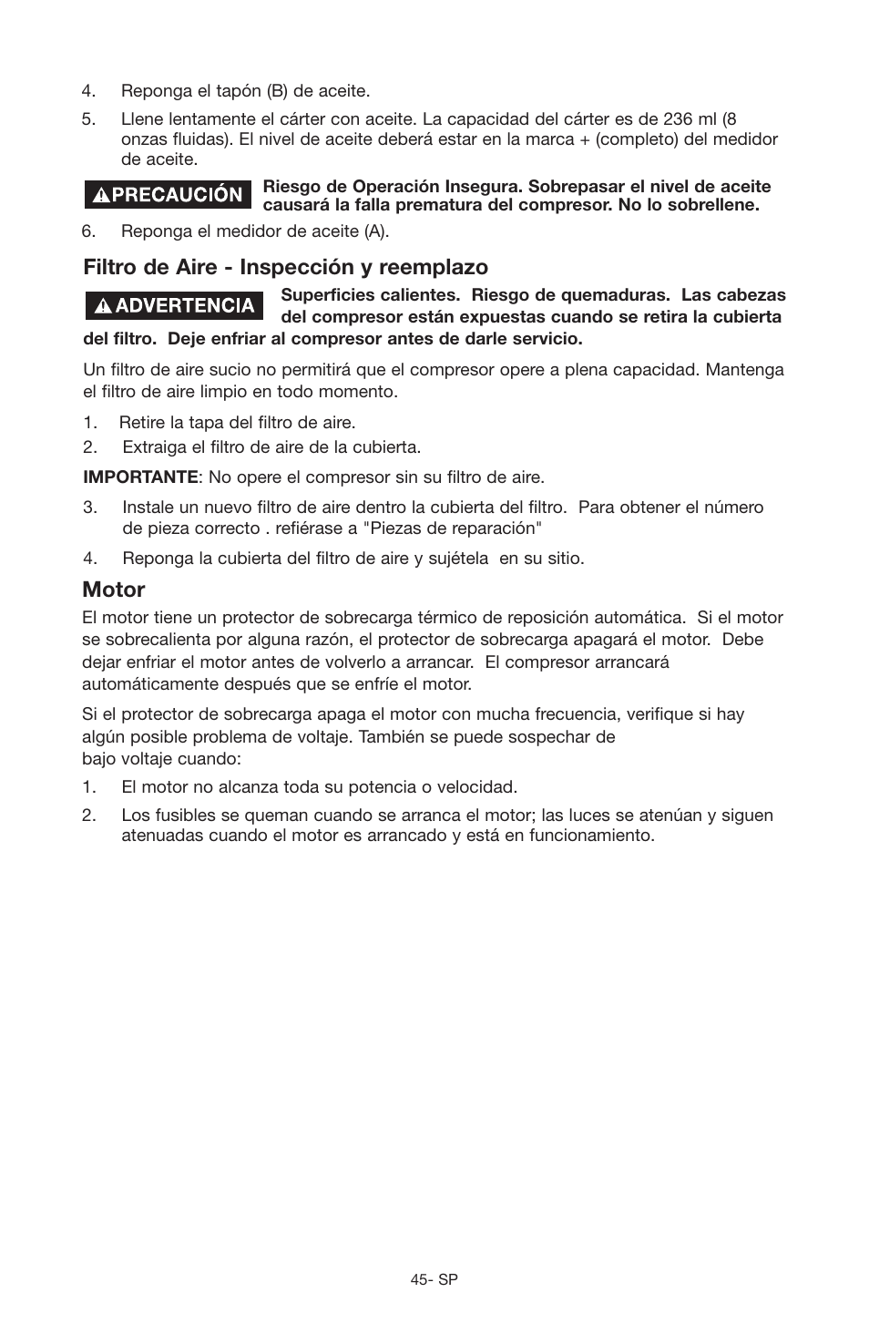Filtro de aire - inspección y reemplazo, Motor | Porter-Cable JOB BOSS C3555 User Manual | Page 45 / 78