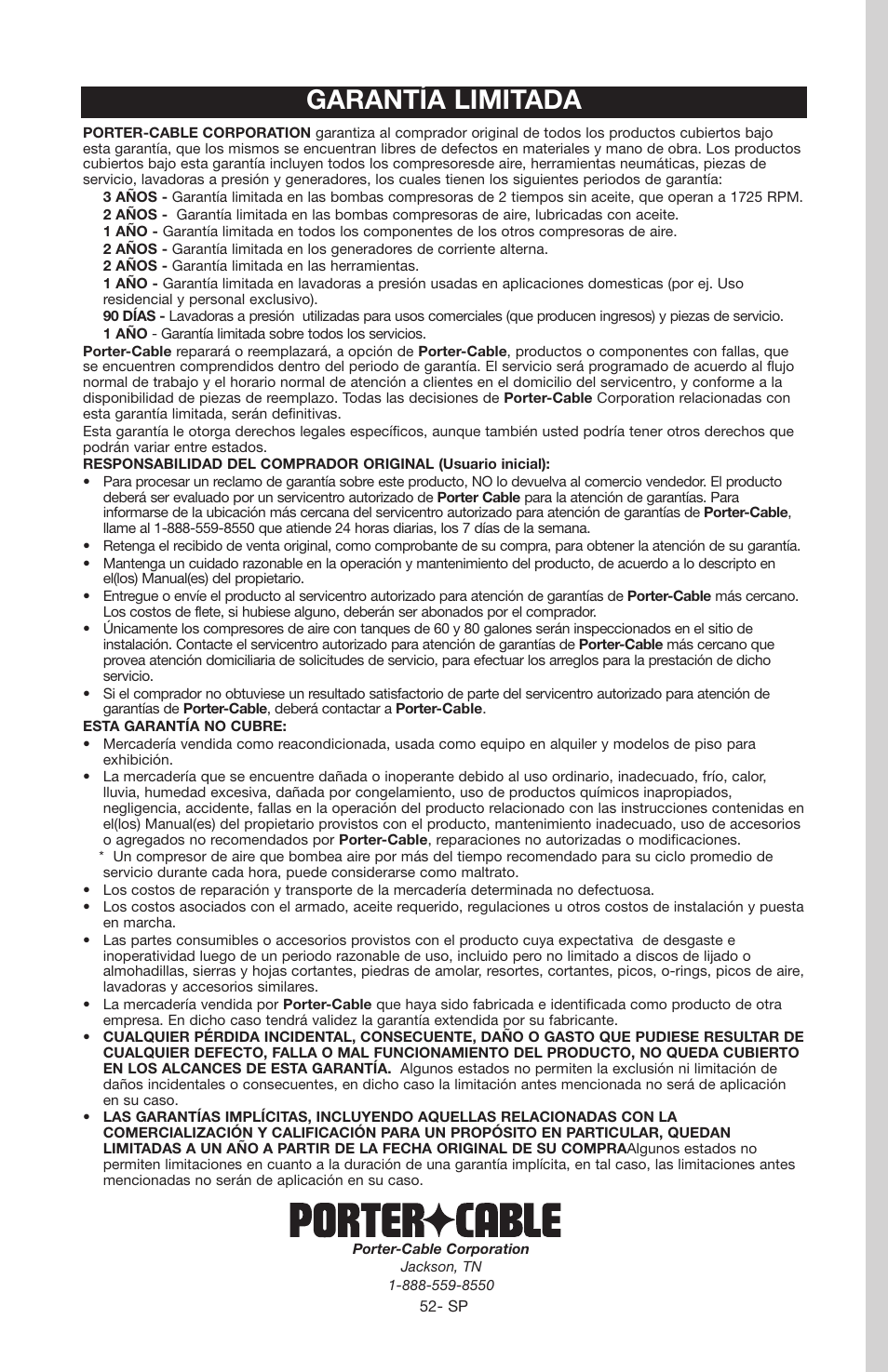 Garantía limitada | Porter-Cable JOB BOSS C3555 User Manual | Page 52 / 78
