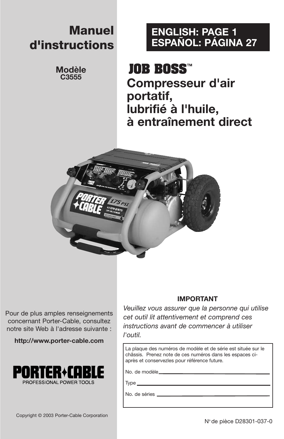 Manuel d'instructions, English: page 1 español: página 27, Modèle | Porter-Cable JOB BOSS C3555 User Manual | Page 53 / 78