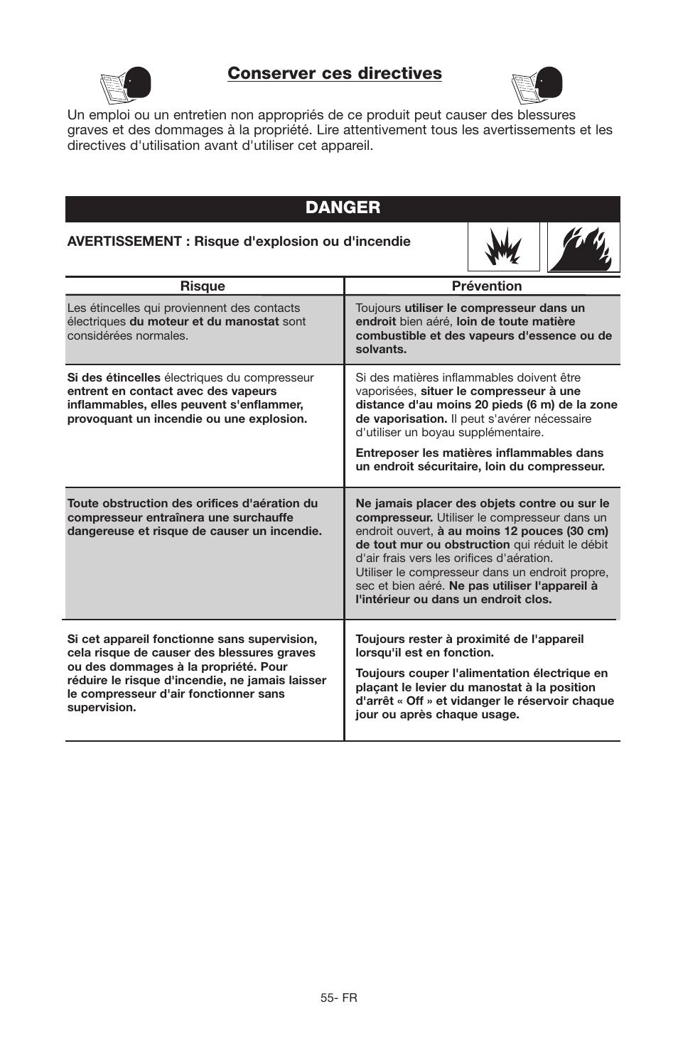 Danger, Conserver ces directives | Porter-Cable JOB BOSS C3555 User Manual | Page 55 / 78