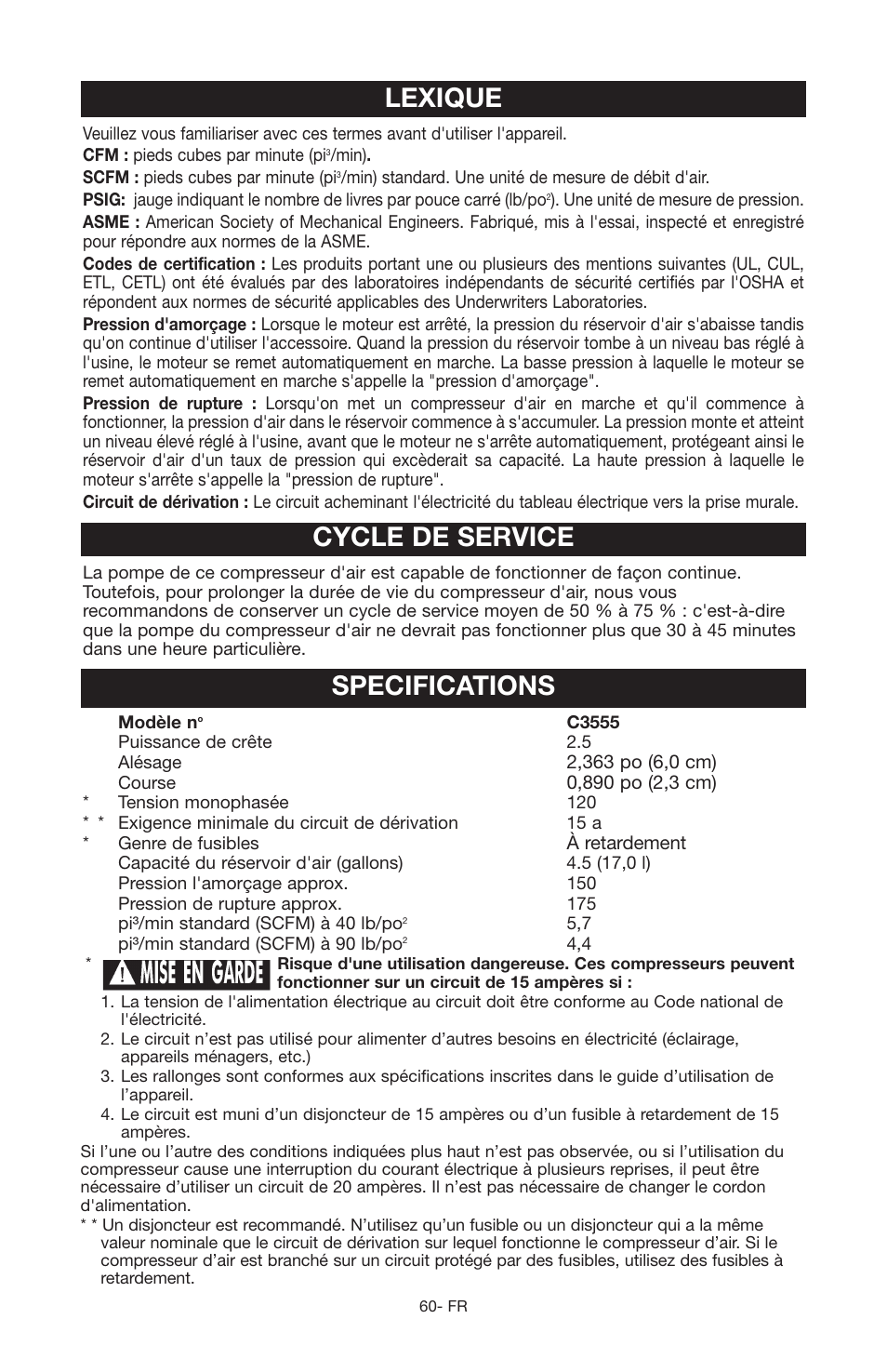 Lexique cycle de service specifications | Porter-Cable JOB BOSS C3555 User Manual | Page 60 / 78