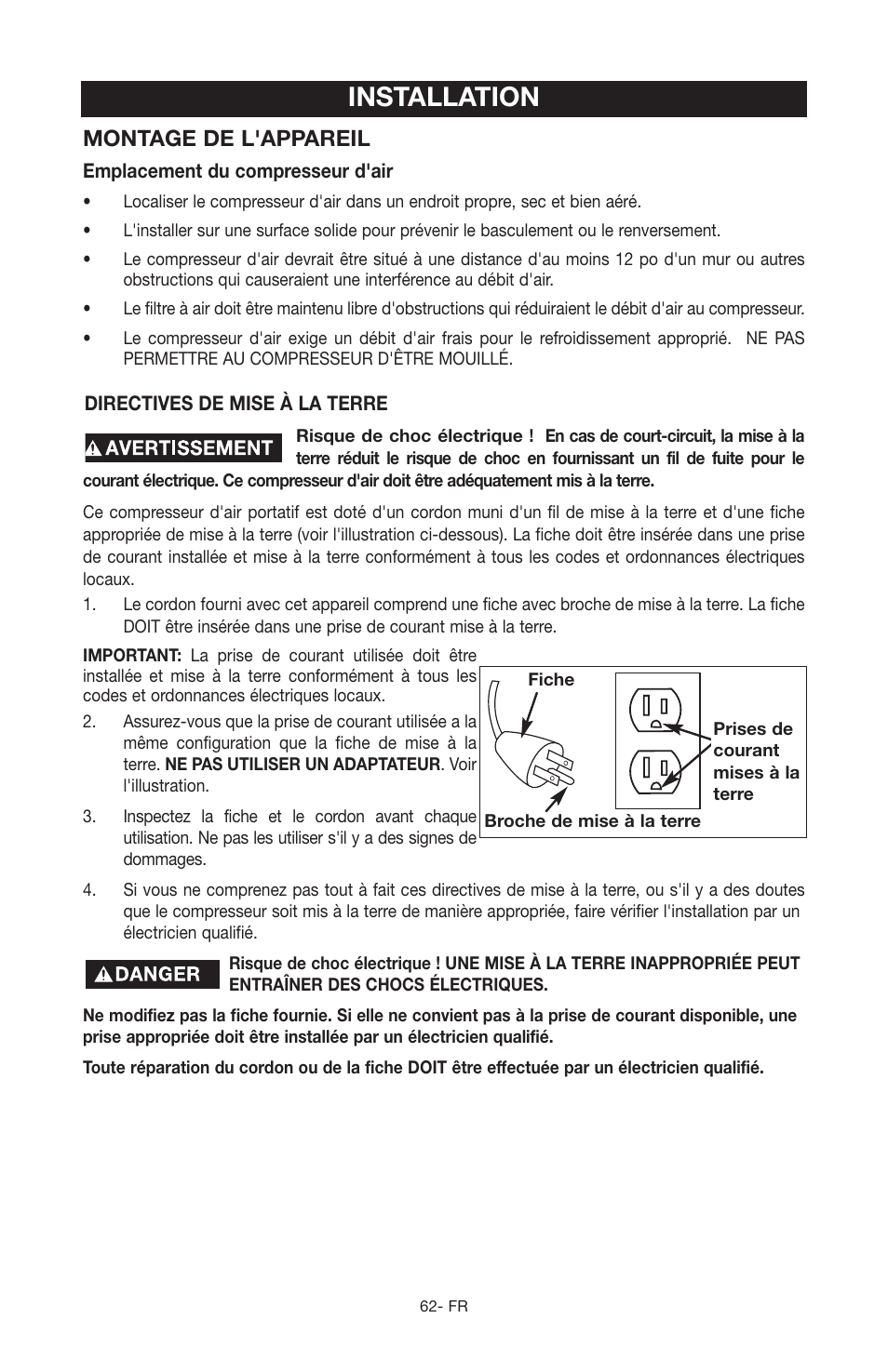 Installation, Montage de l'appareil | Porter-Cable JOB BOSS C3555 User Manual | Page 62 / 78