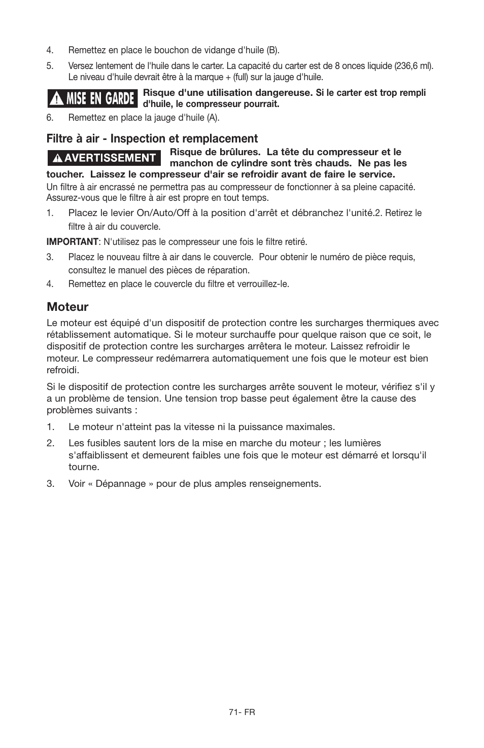 Filtre à air - inspection et remplacement, Moteur | Porter-Cable JOB BOSS C3555 User Manual | Page 71 / 78