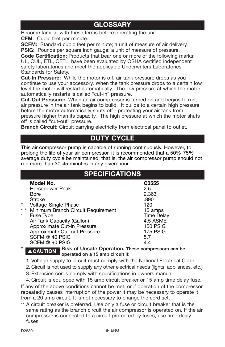 Glossary, Duty cycle, Specifications | Porter-Cable JOB BOSS C3555 User Manual | Page 8 / 78