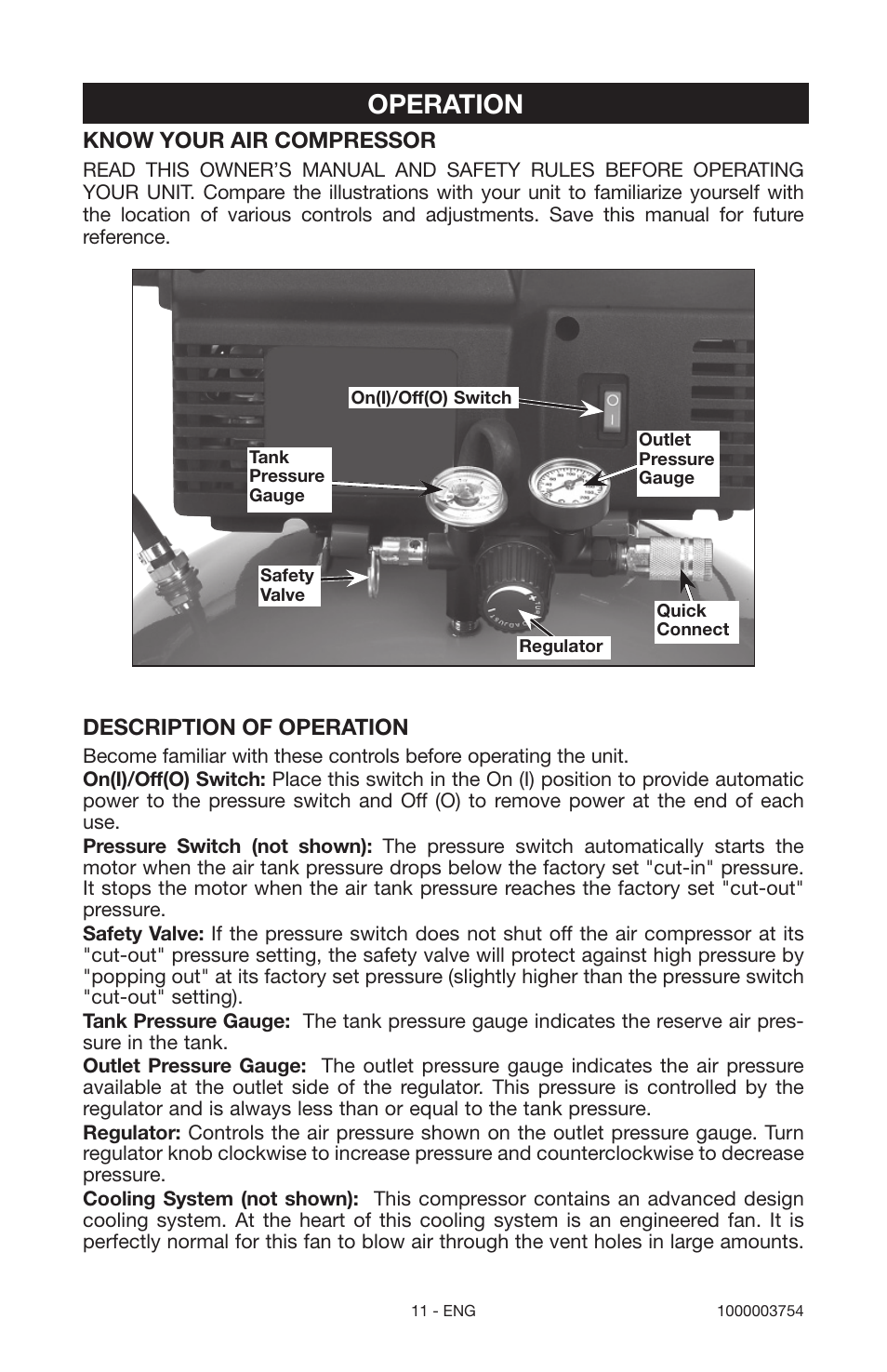 Operation, Know your air compressor, Description of operation | Porter-Cable 1000003754 User Manual | Page 11 / 64