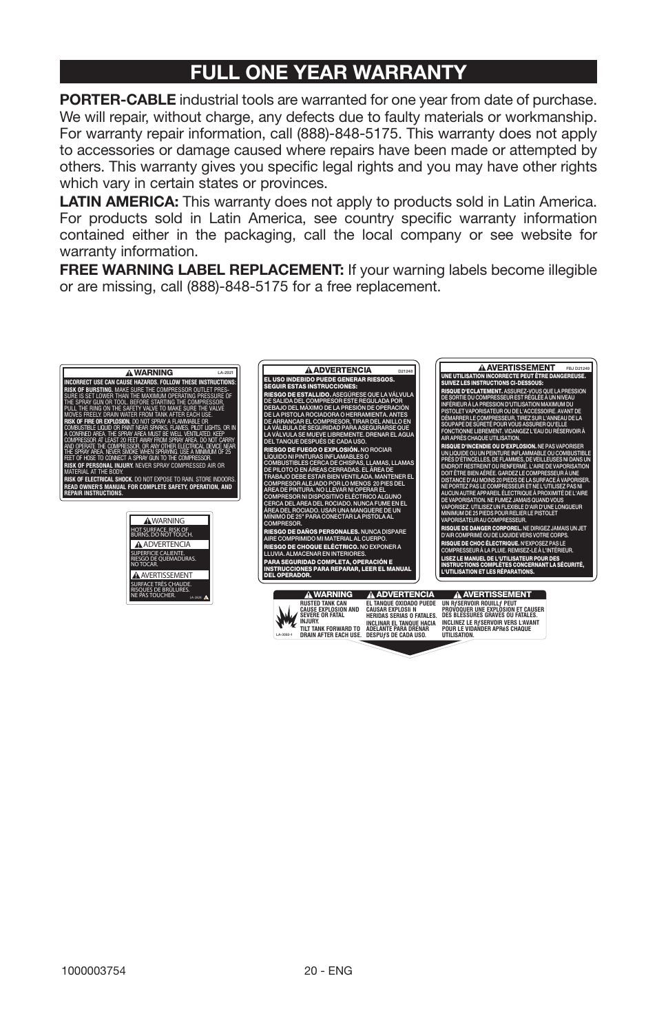 Full one year warranty | Porter-Cable 1000003754 User Manual | Page 20 / 64