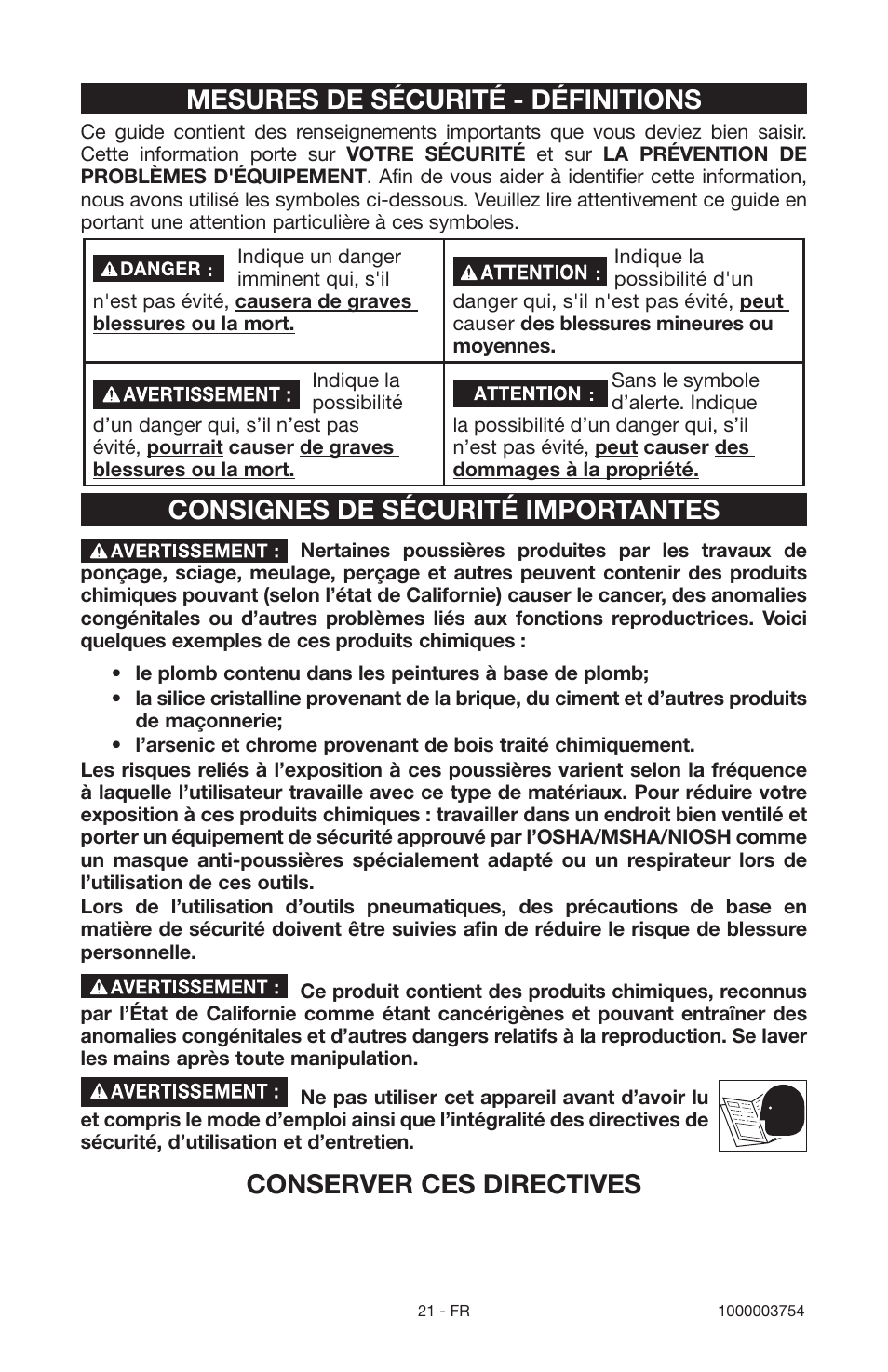 Mesures de sécurité - définitions, Consignes de sécurité importantes, Conserver ces directives | Porter-Cable 1000003754 User Manual | Page 21 / 64