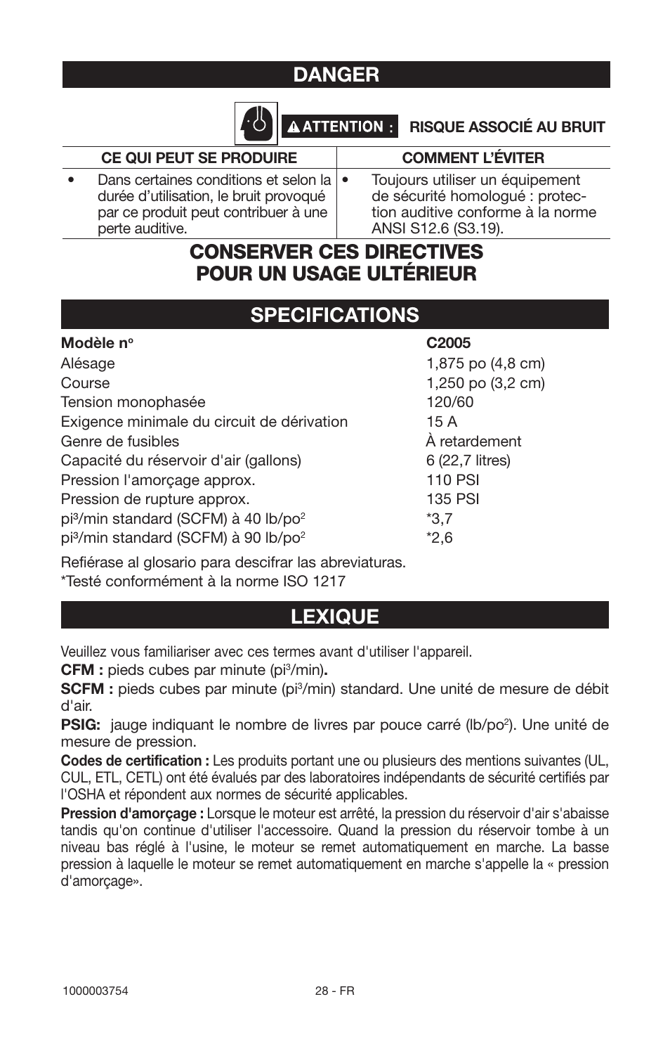 Specifications, Lexique, Danger | Conserver ces directives pour un usage ultérieur | Porter-Cable 1000003754 User Manual | Page 28 / 64