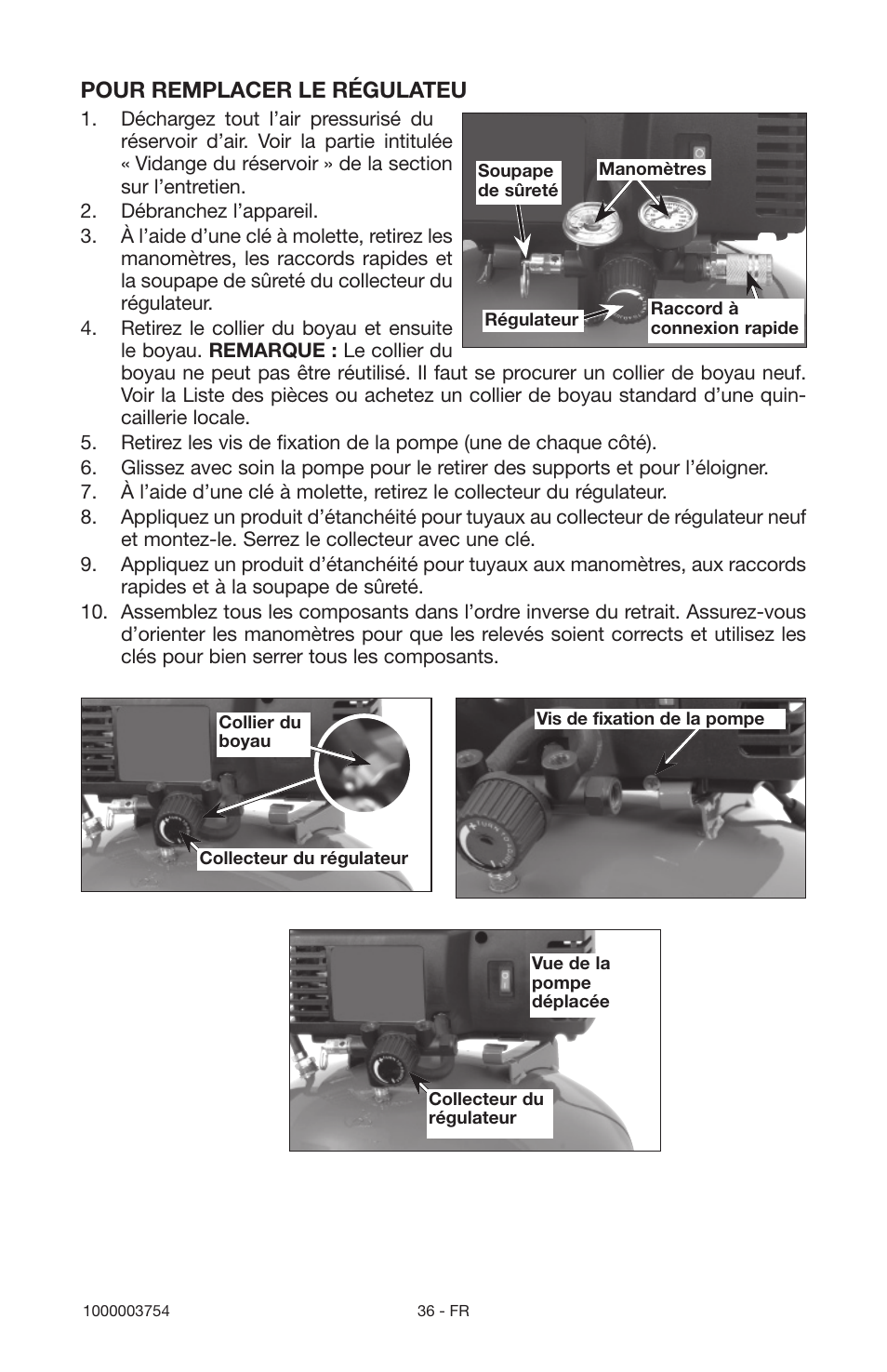 Pour remplacer le régulateu | Porter-Cable 1000003754 User Manual | Page 36 / 64