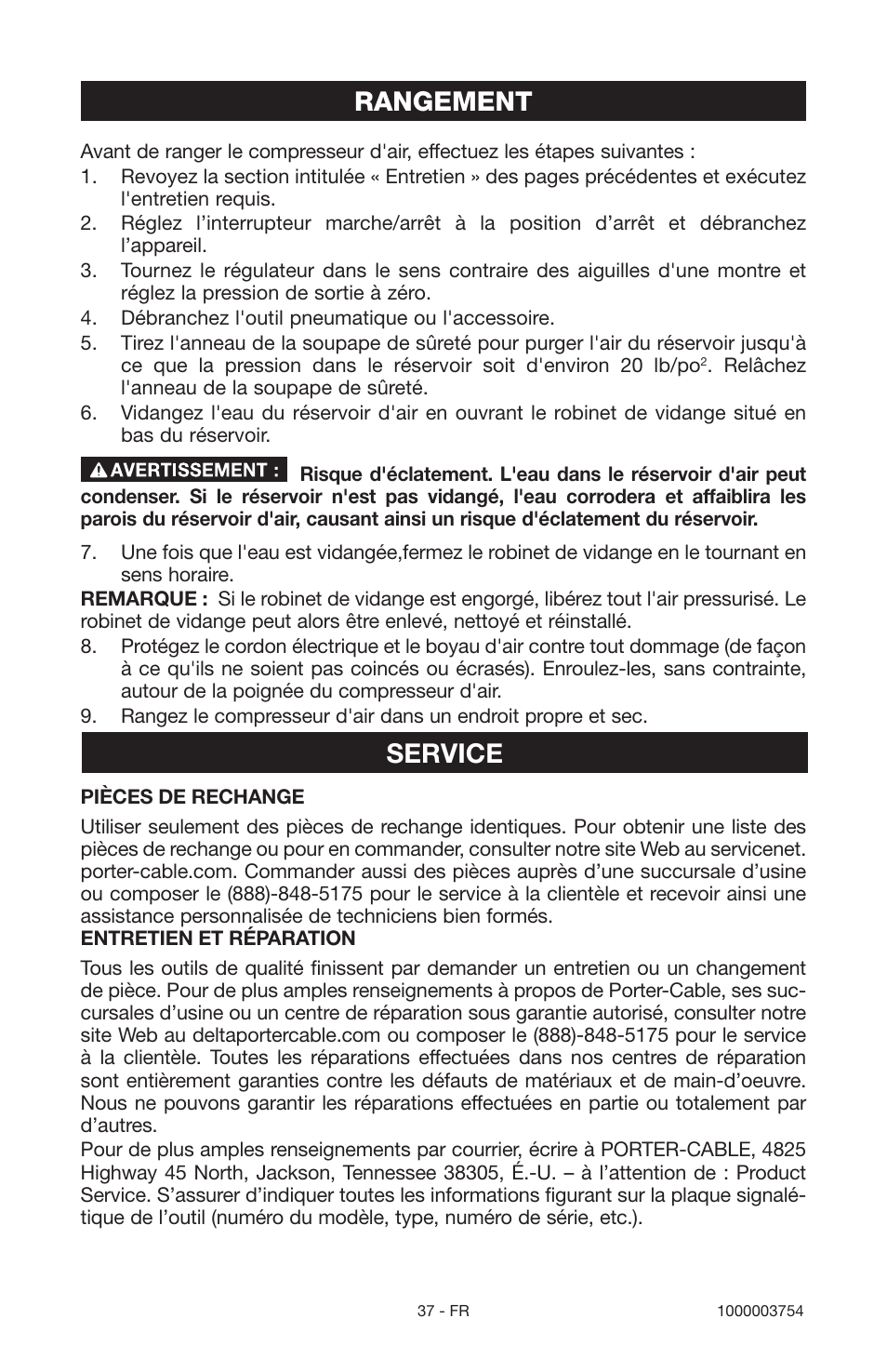 Rangement, Service | Porter-Cable 1000003754 User Manual | Page 37 / 64