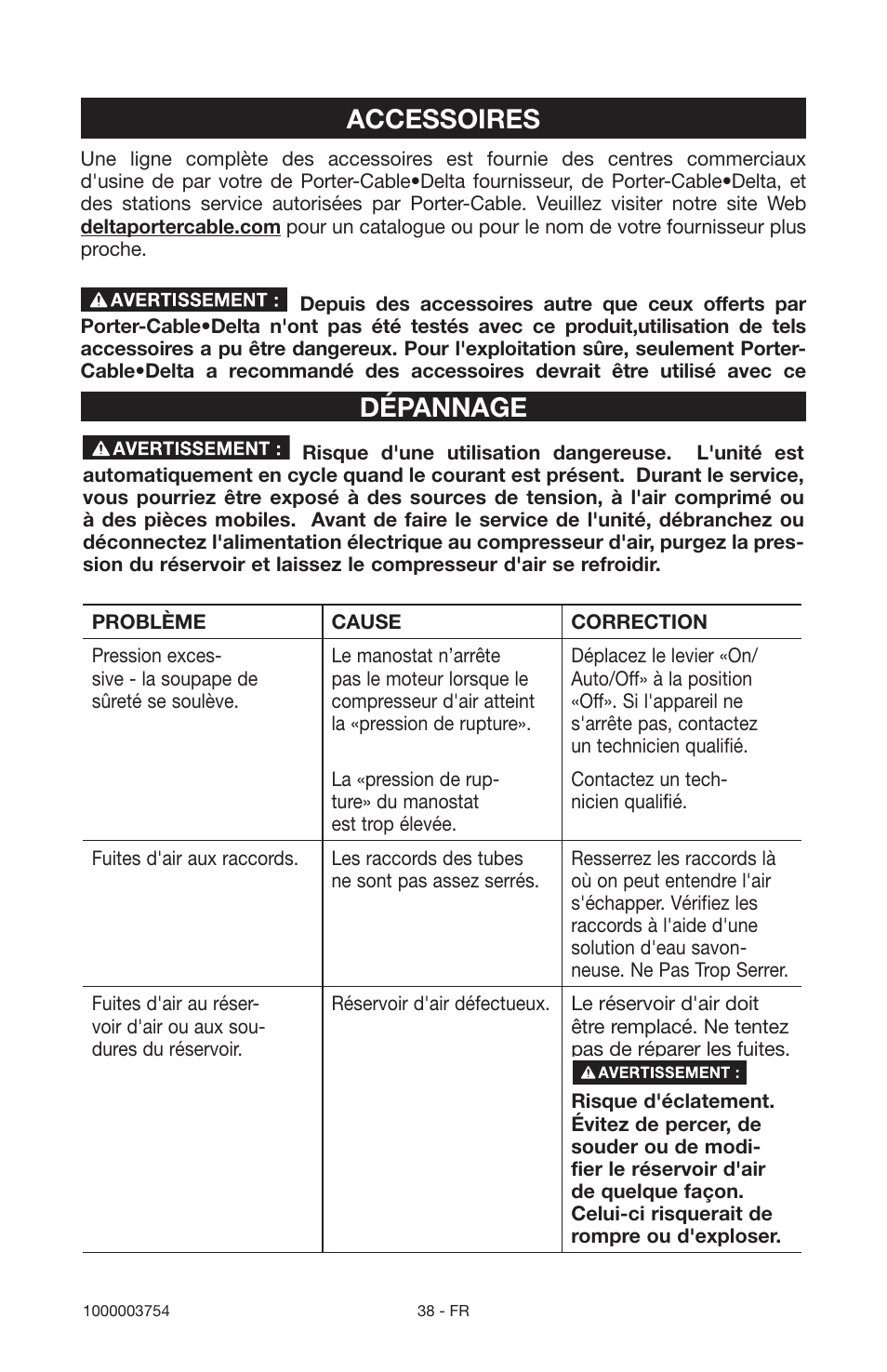 Dépannage, Accessoires | Porter-Cable 1000003754 User Manual | Page 38 / 64