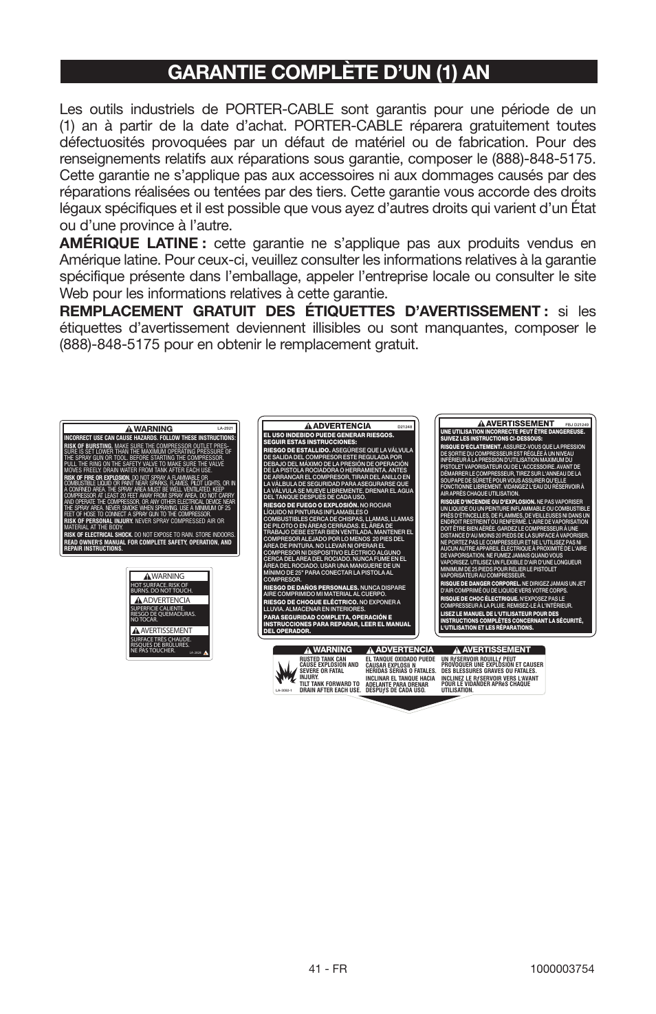 Garantie complète d’un (1) an | Porter-Cable 1000003754 User Manual | Page 41 / 64