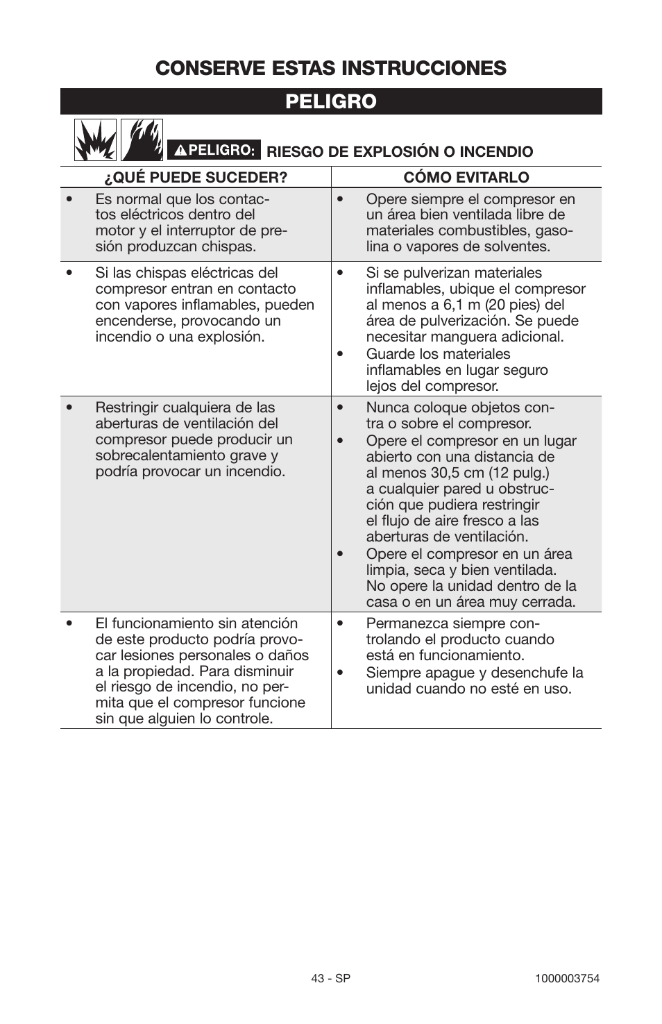 Conserve estas instrucciones peligro | Porter-Cable 1000003754 User Manual | Page 43 / 64