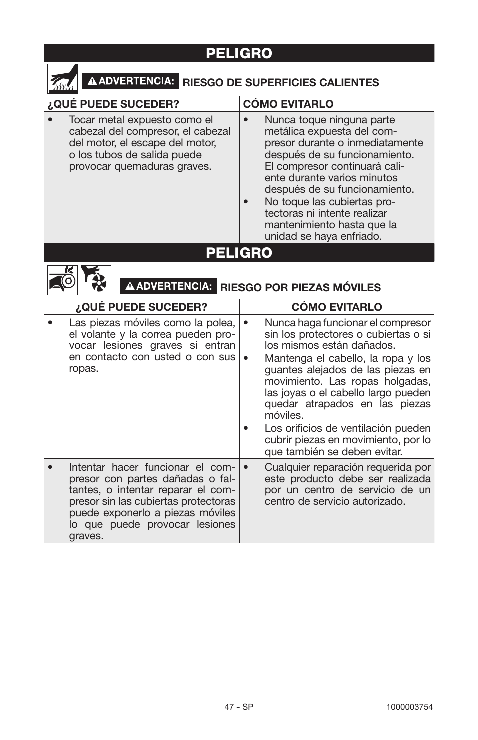Peligro | Porter-Cable 1000003754 User Manual | Page 47 / 64