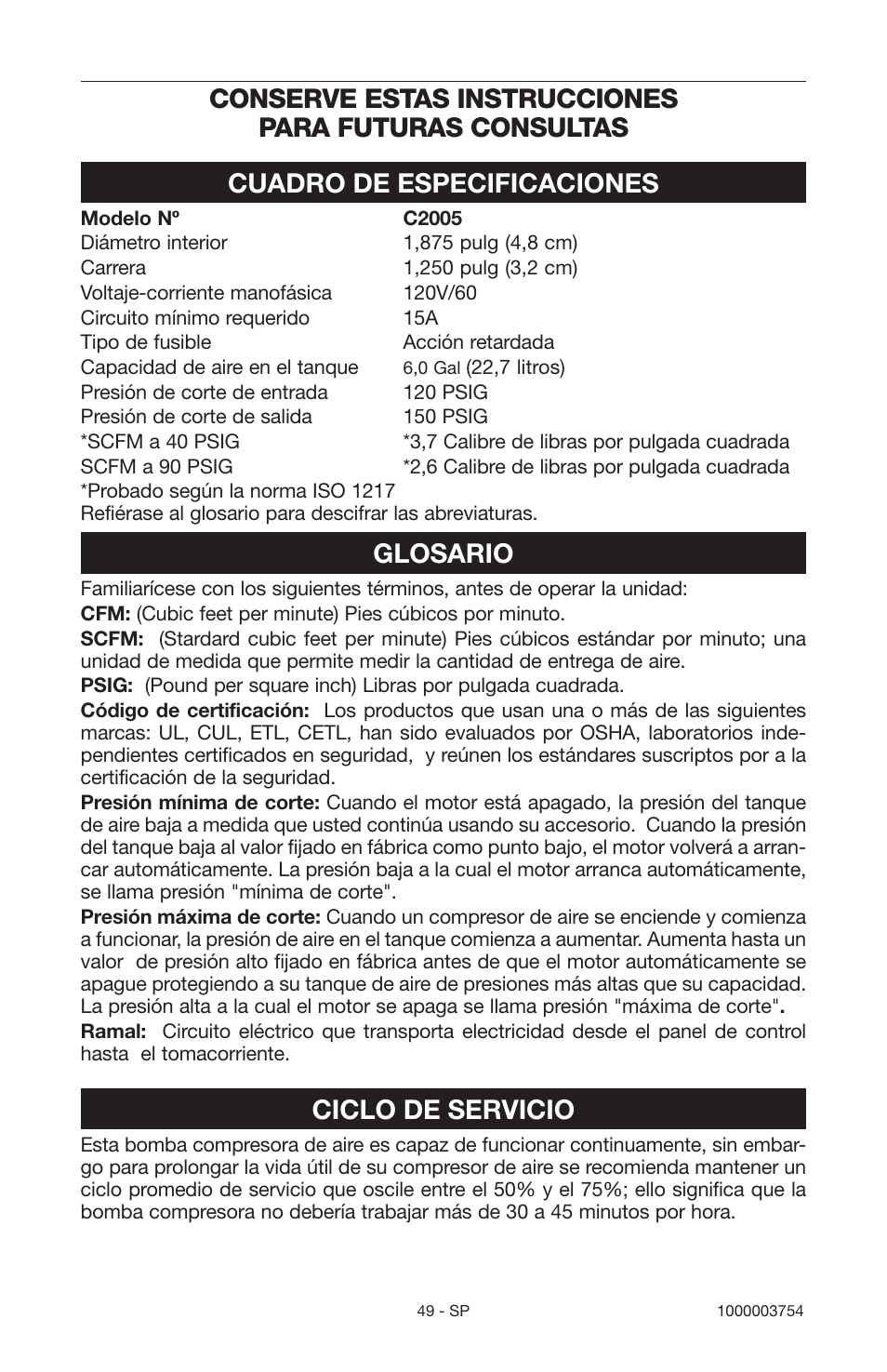 Cuadro de especificaciones, Glosario, Ciclo de servicio | Porter-Cable 1000003754 User Manual | Page 49 / 64