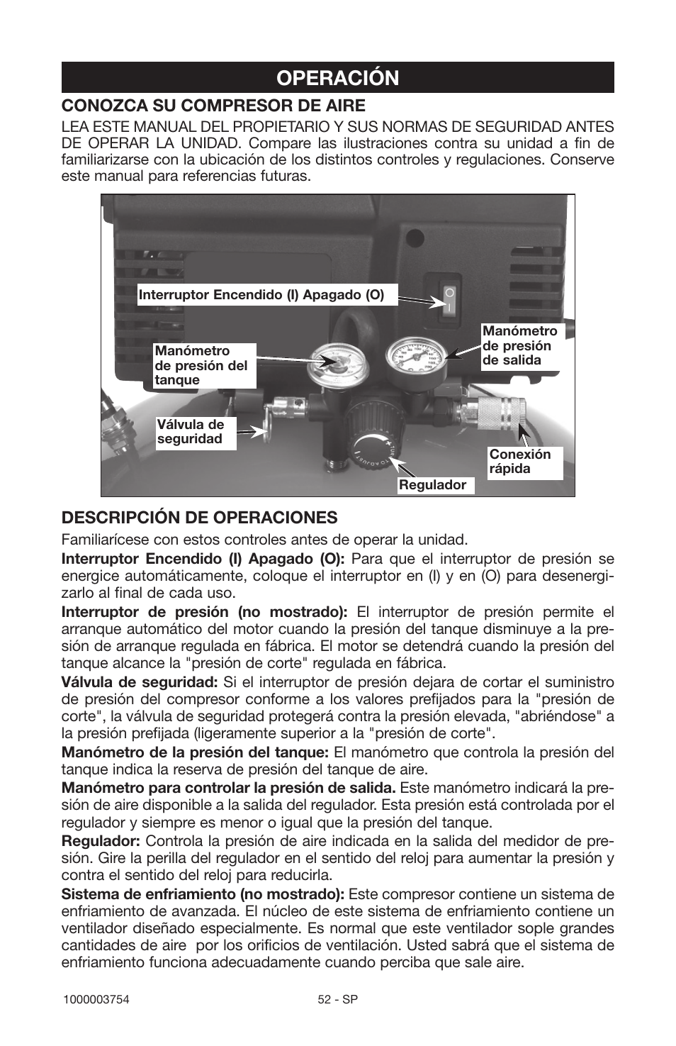 Operación, Conozca su compresor de aire, Descripción de operaciones | Porter-Cable 1000003754 User Manual | Page 52 / 64