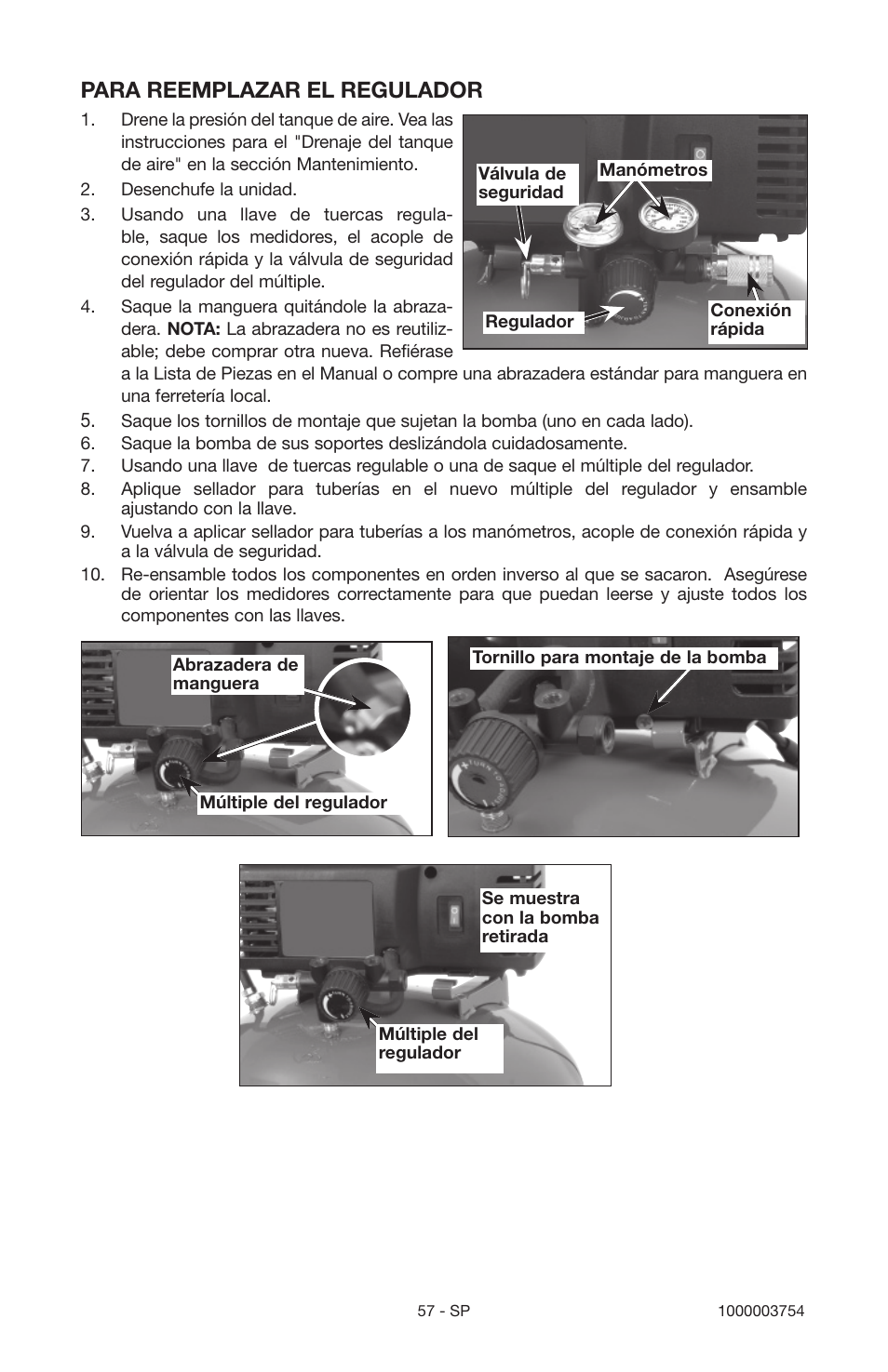 Para reemplazar el regulador | Porter-Cable 1000003754 User Manual | Page 57 / 64