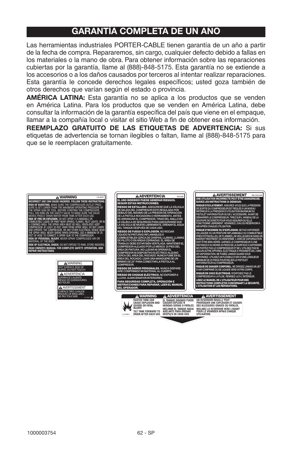 Garantía completa de un año | Porter-Cable 1000003754 User Manual | Page 62 / 64