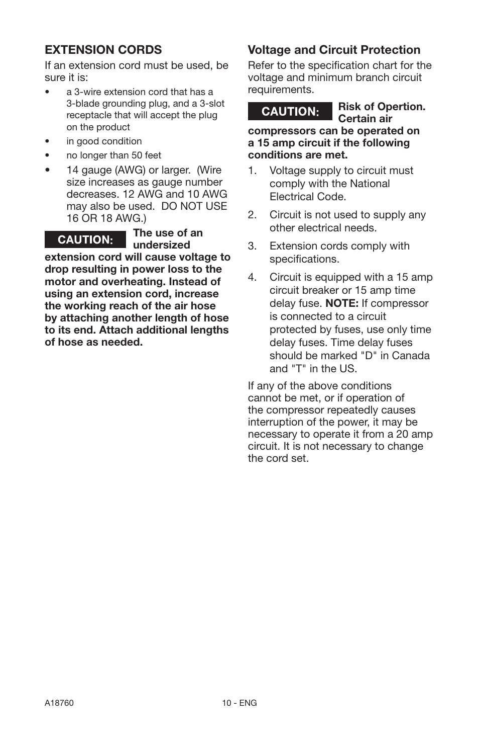 Extension cords, Voltage and circuit protection | Porter-Cable A18760-1006-1 User Manual | Page 10 / 60