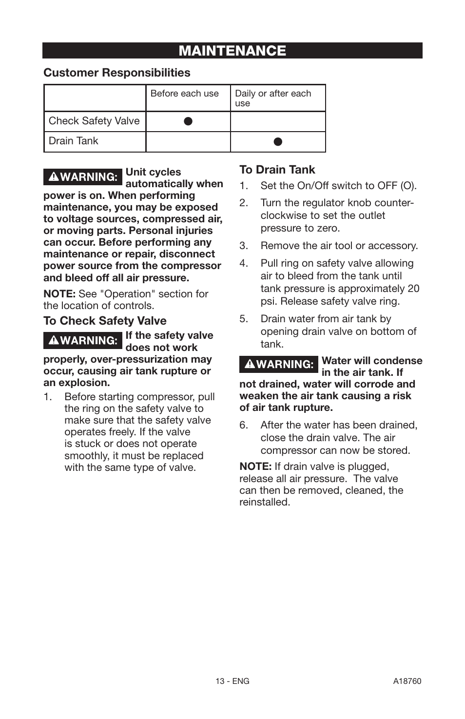 Maintenance | Porter-Cable A18760-1006-1 User Manual | Page 13 / 60