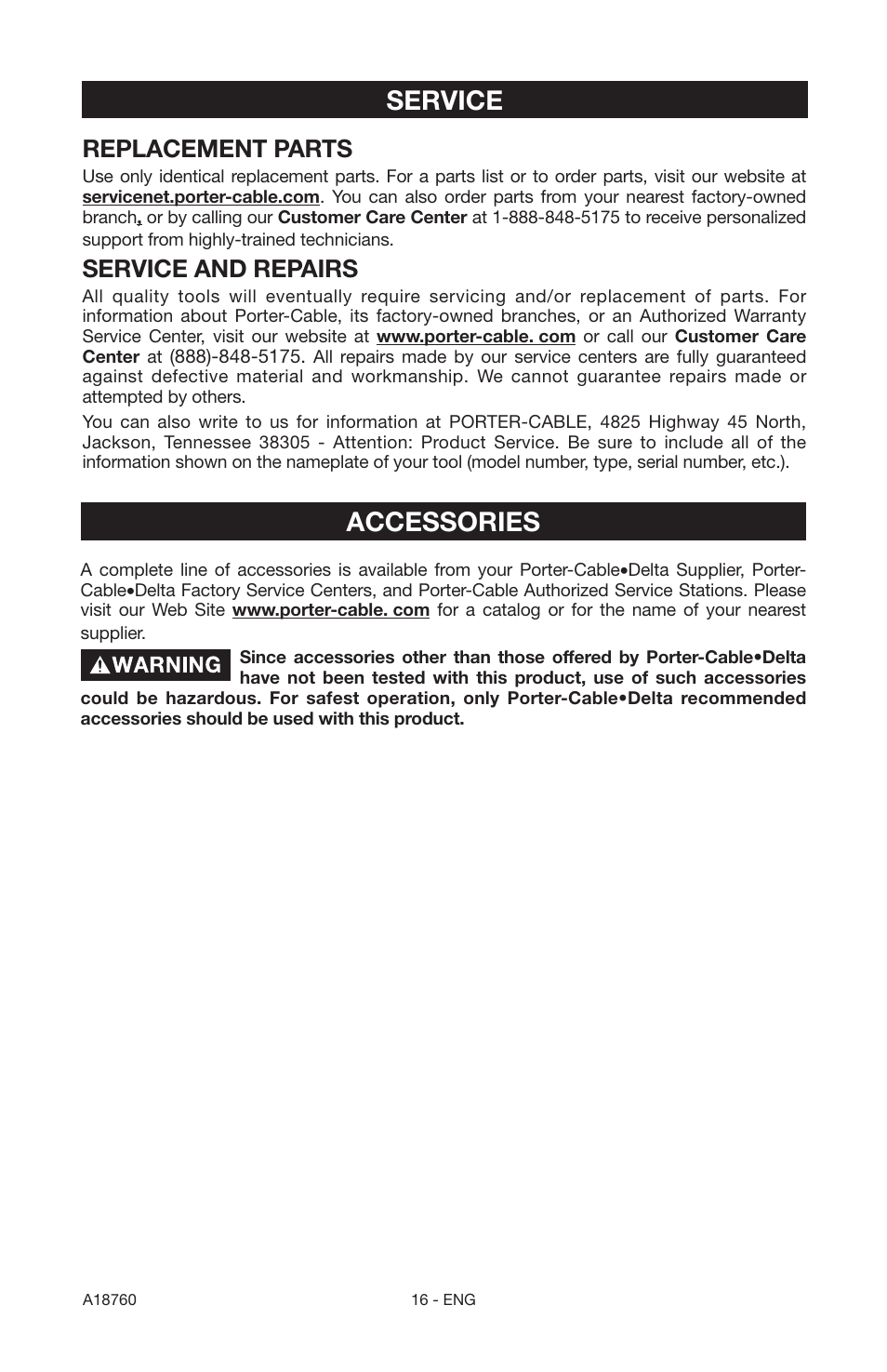 Accessories, Service, Replacement parts | Service and repairs | Porter-Cable A18760-1006-1 User Manual | Page 16 / 60