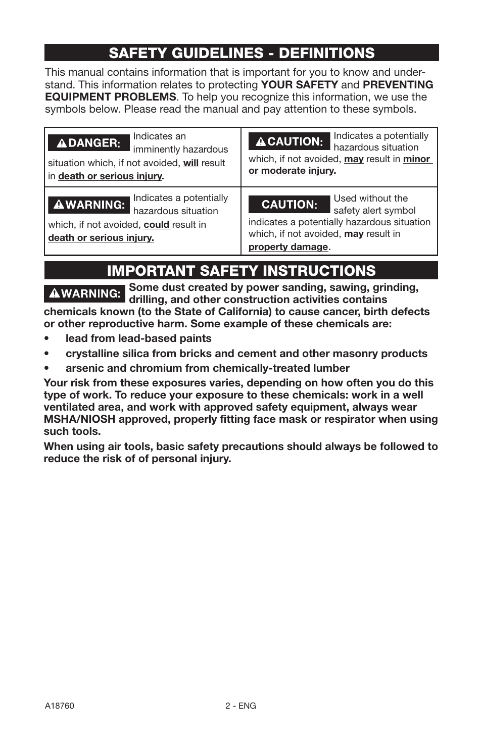 Safety guidelines - definitions, Important safety instructions | Porter-Cable A18760-1006-1 User Manual | Page 2 / 60