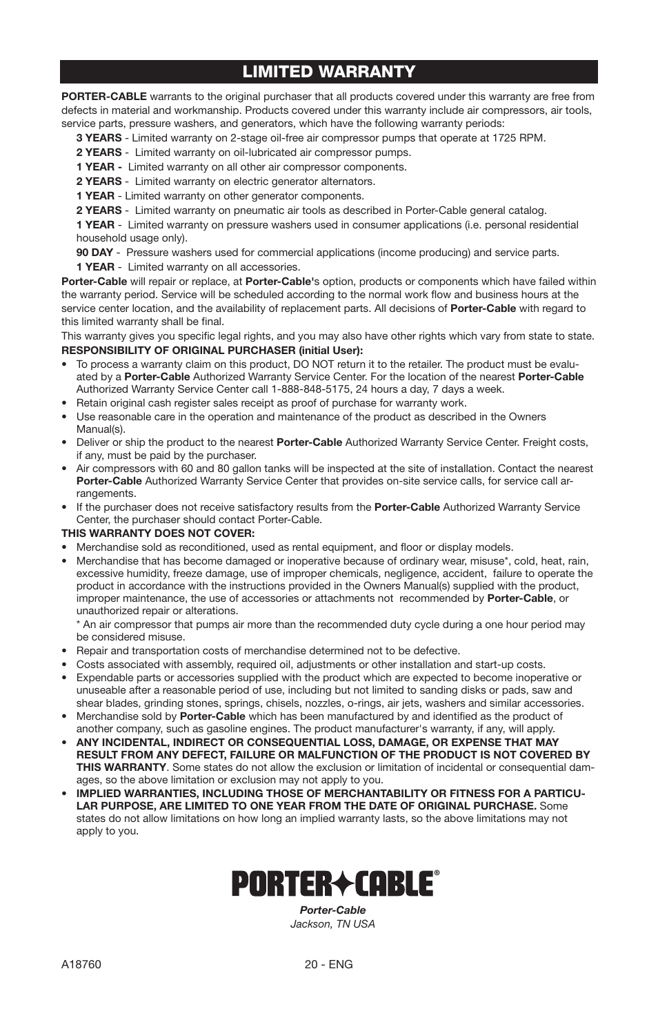 Limited warranty | Porter-Cable A18760-1006-1 User Manual | Page 20 / 60