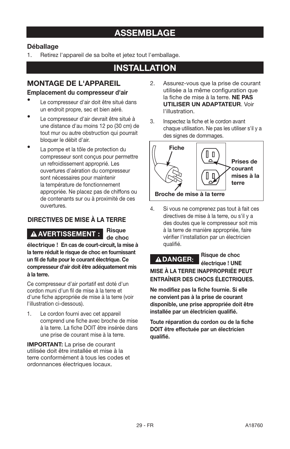 Assemblage, Installation, Montage de l'appareil | Porter-Cable A18760-1006-1 User Manual | Page 29 / 60