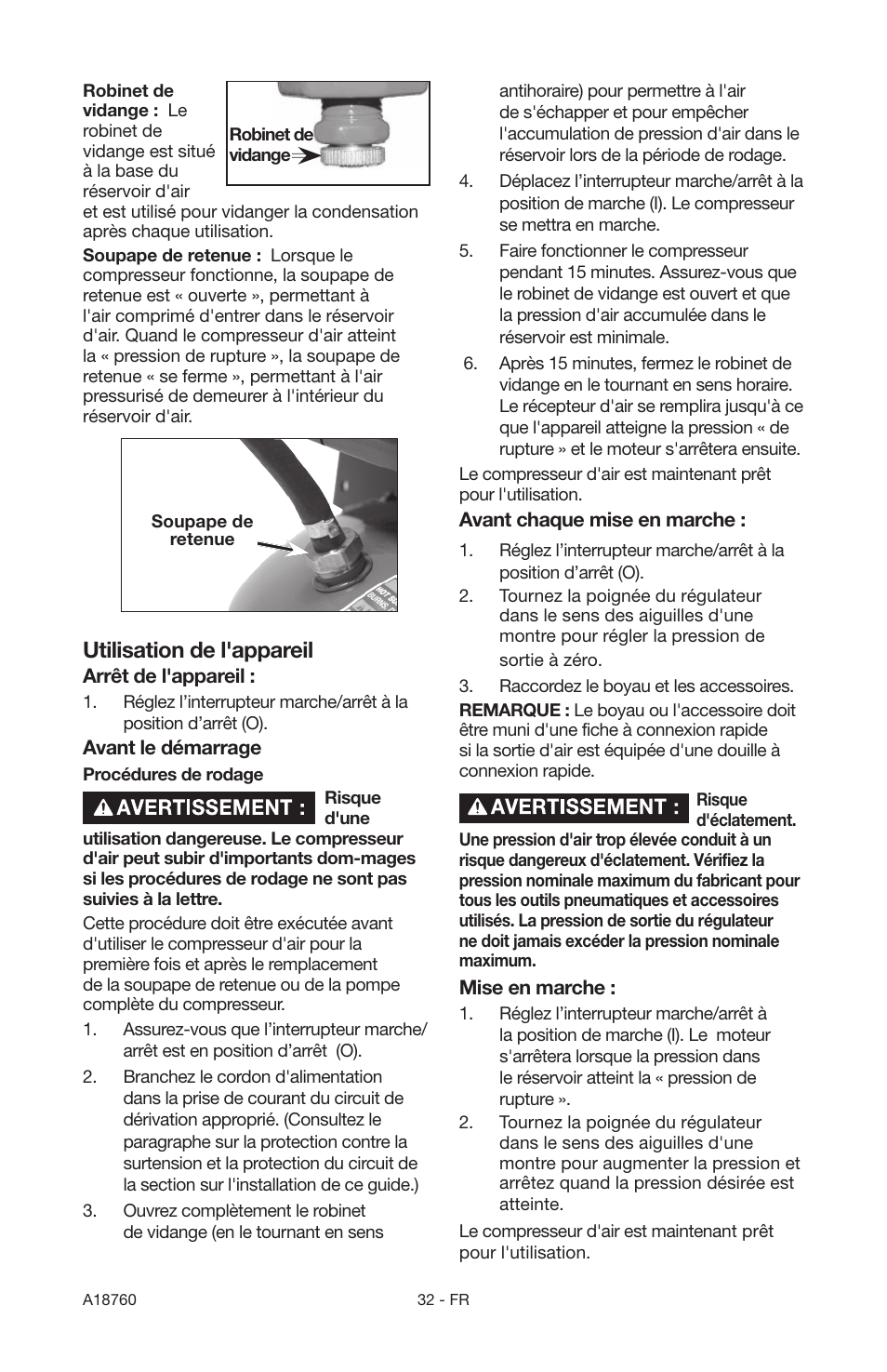 Utilisation de l'appareil | Porter-Cable A18760-1006-1 User Manual | Page 32 / 60