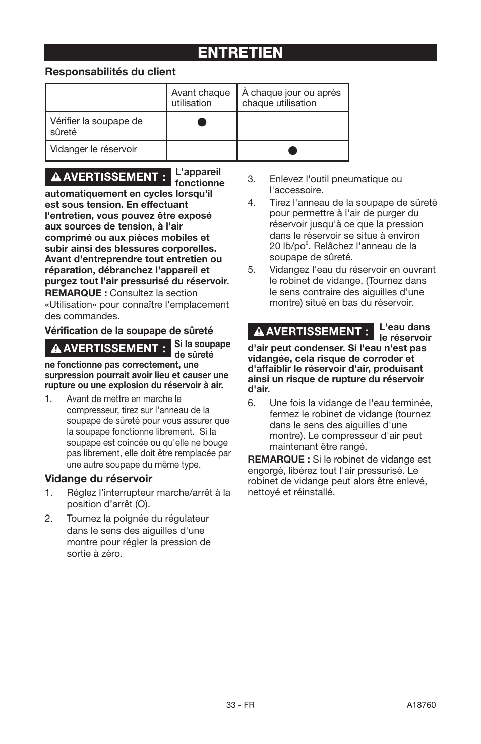 Entretien | Porter-Cable A18760-1006-1 User Manual | Page 33 / 60