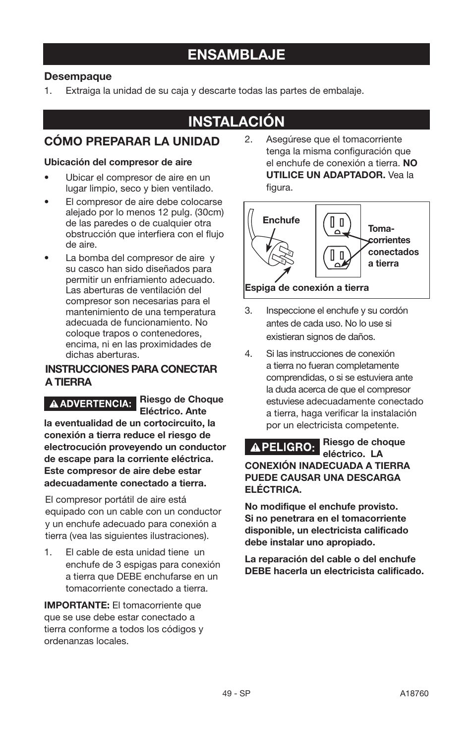 Ensamblaje, Instalación, Cómo preparar la unidad | Porter-Cable A18760-1006-1 User Manual | Page 49 / 60