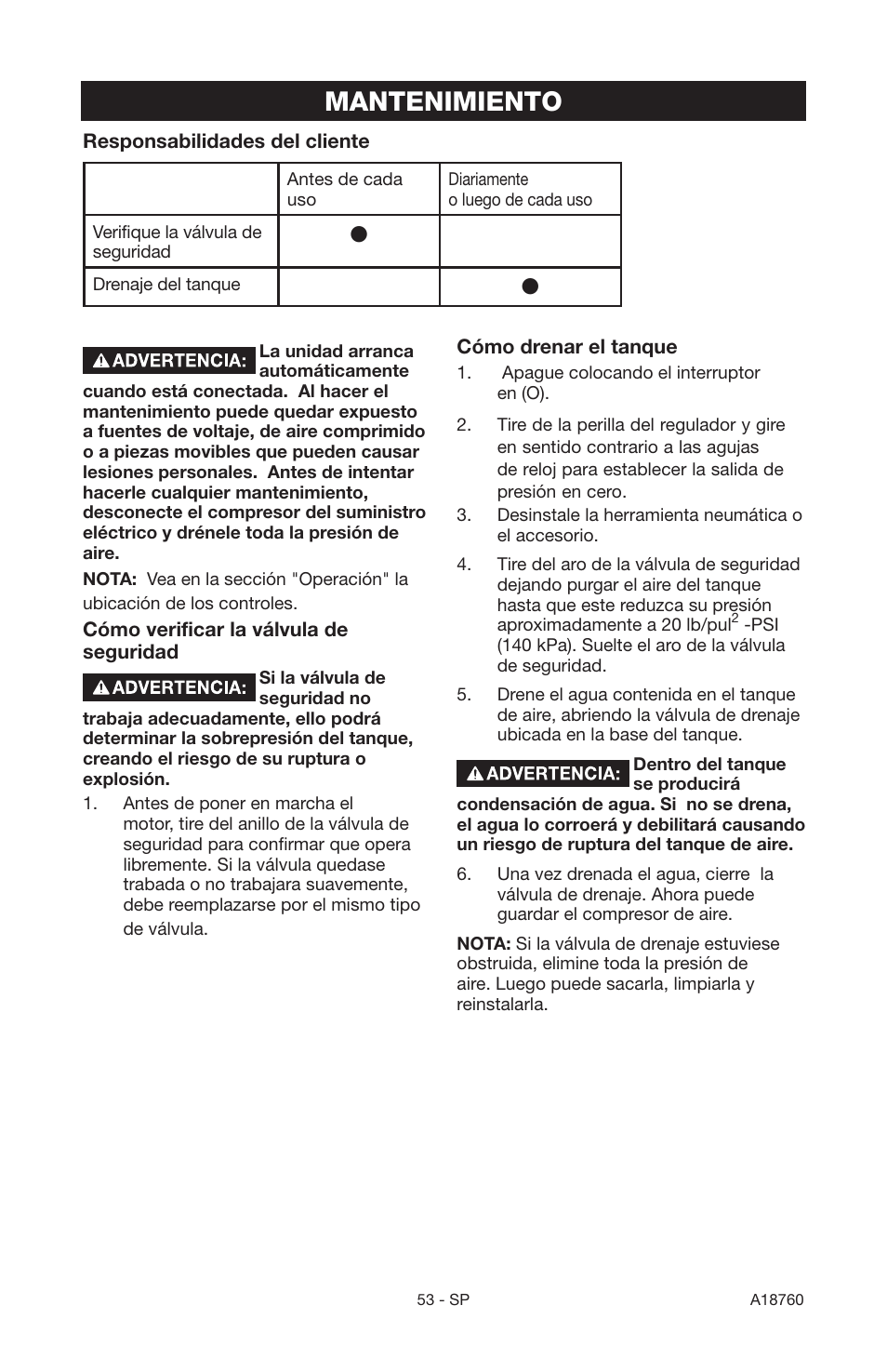 Mantenimiento | Porter-Cable A18760-1006-1 User Manual | Page 53 / 60