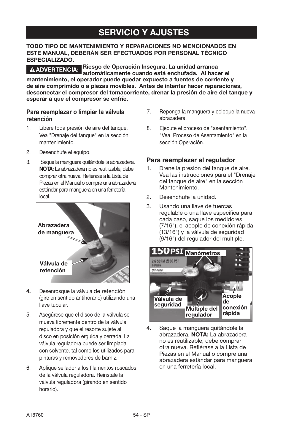 Servicio y ajustes | Porter-Cable A18760-1006-1 User Manual | Page 54 / 60