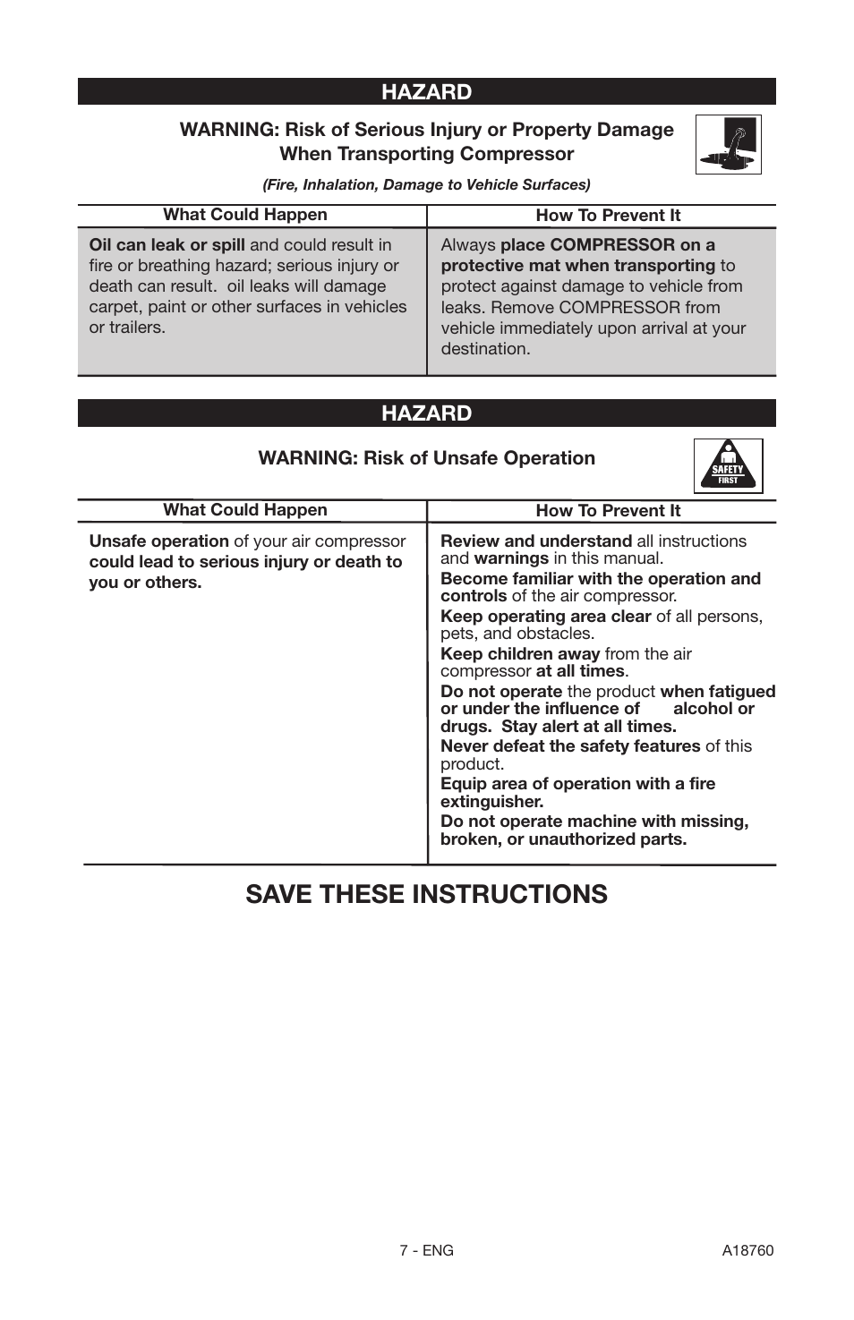 Save these instructions, Hazard | Porter-Cable A18760-1006-1 User Manual | Page 7 / 60