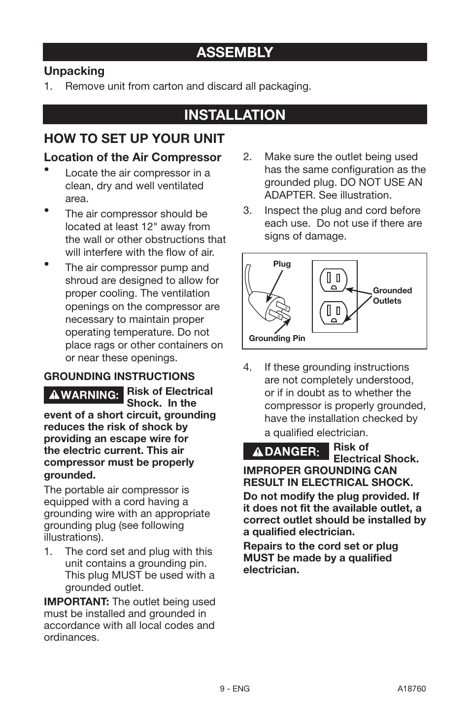 Assembly, Installation, How to set up your unit | Porter-Cable A18760-1006-1 User Manual | Page 9 / 60
