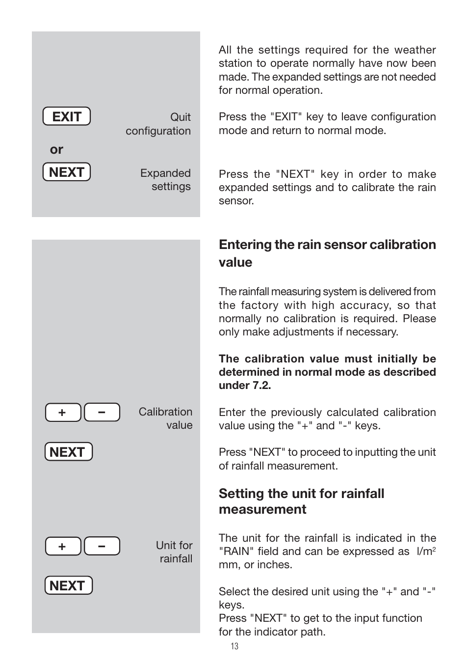 Entering the rain sensor calibration value, Setting the unit for rainfall measurement, Exit | Next, Or next | P3 International E 9300 User Manual | Page 13 / 48