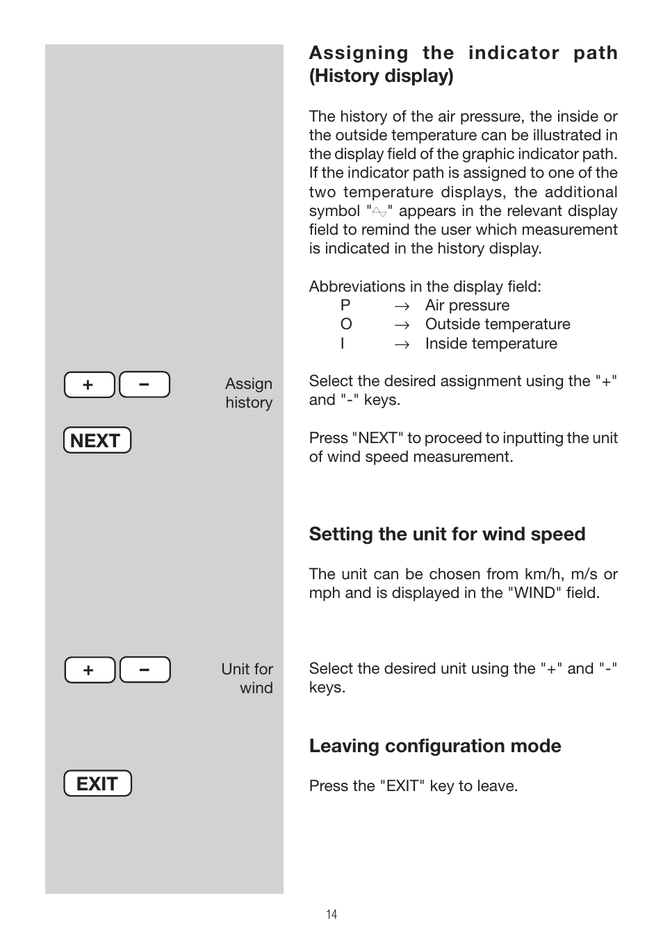 Assigning the indicator path (history display), Setting the unit for wind speed, Leaving configuration mode | Next, Exit | P3 International E 9300 User Manual | Page 14 / 48