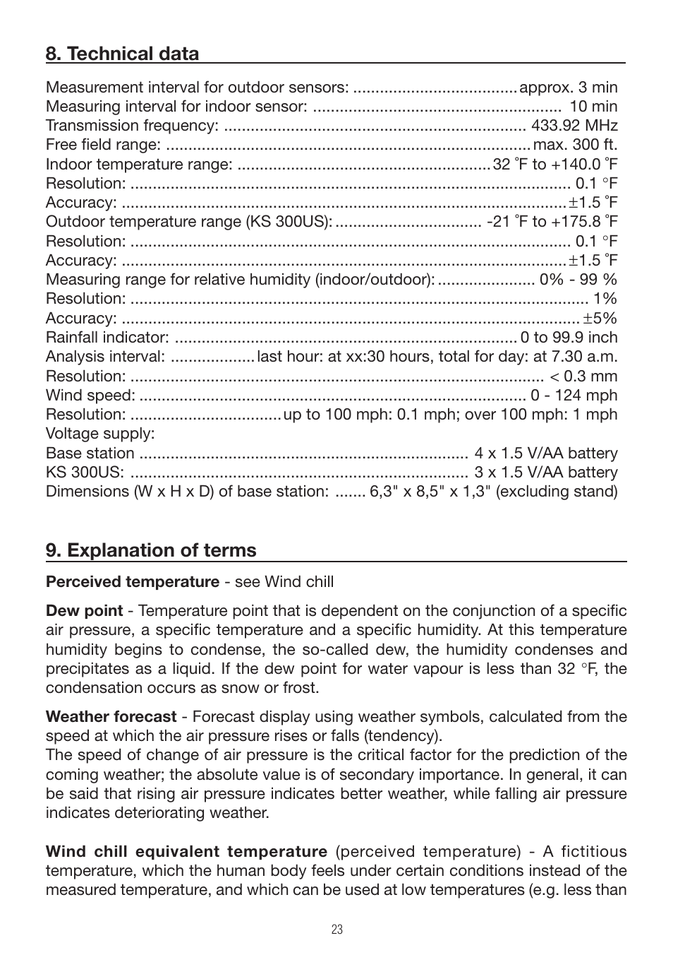 Technical data, Explanation of terms | P3 International E 9300 User Manual | Page 23 / 48