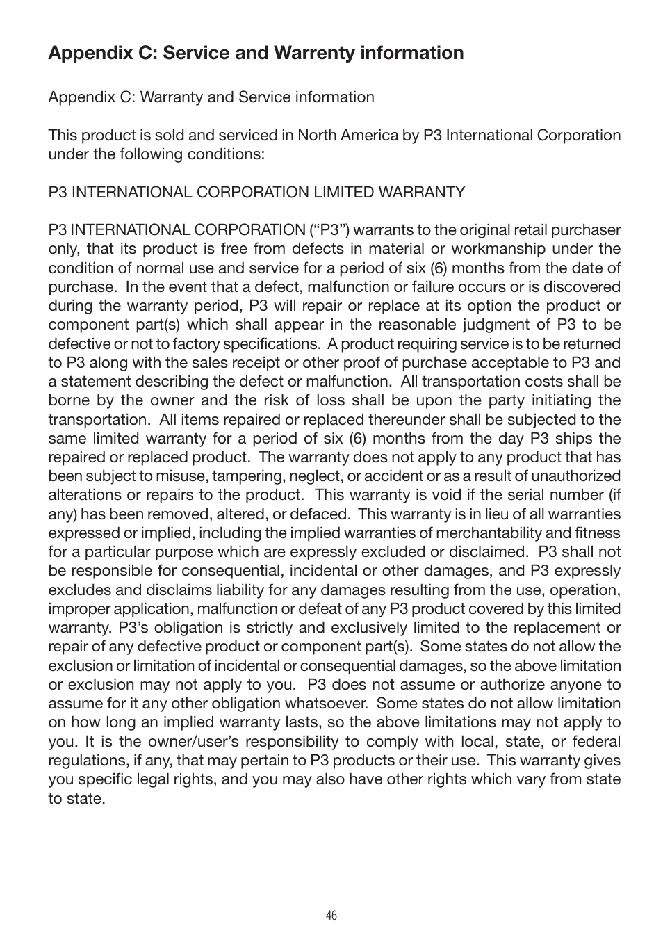 Appendix c: service and warrenty information | P3 International E 9300 User Manual | Page 46 / 48