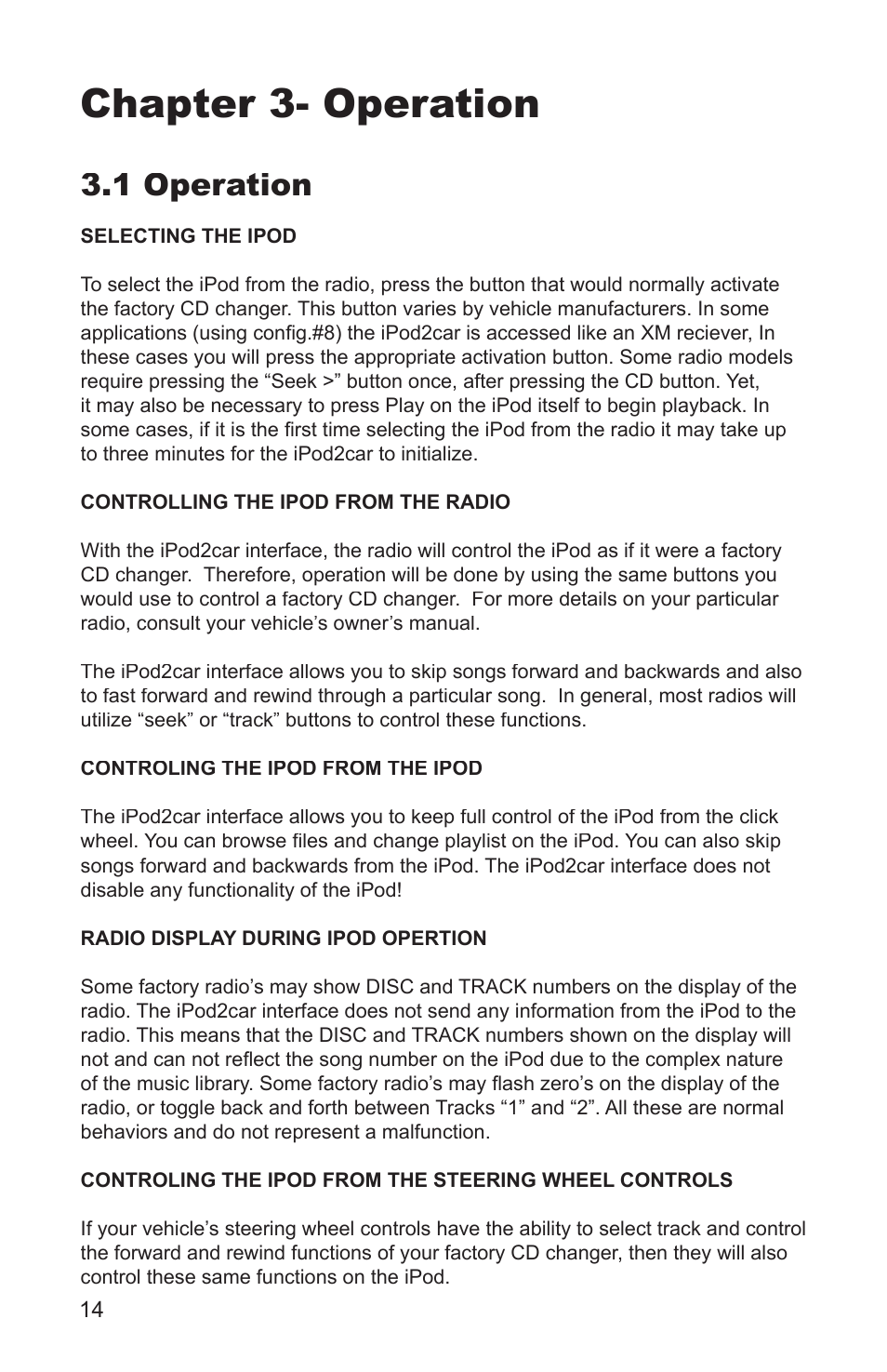 Chapter 3- operation, 1 operation | Peripheral Electronics iPod2car User Manual | Page 16 / 20