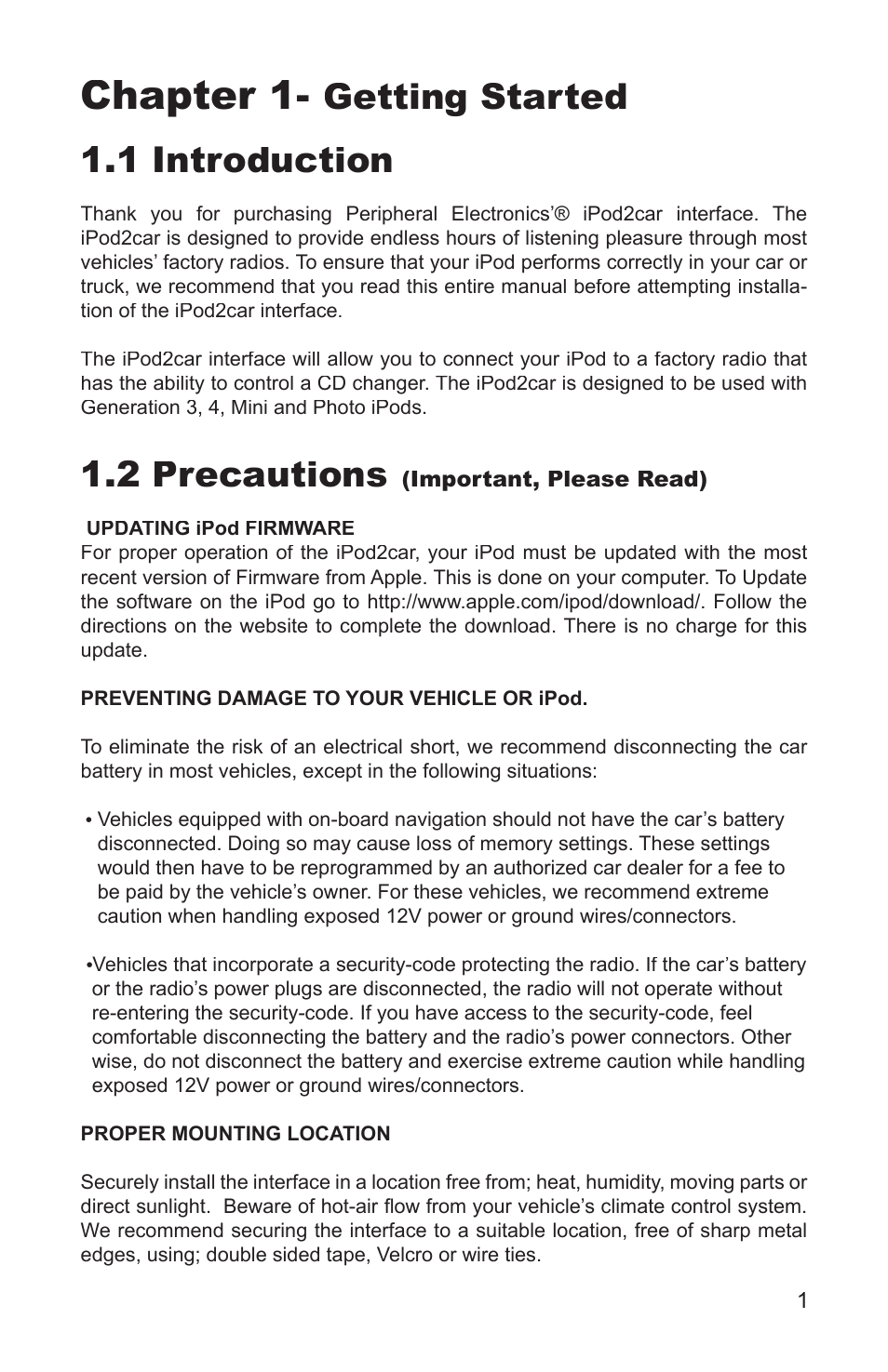 Chapter 1, Getting started 1.1 introduction, 2 precautions | Peripheral Electronics iPod2car User Manual | Page 3 / 20