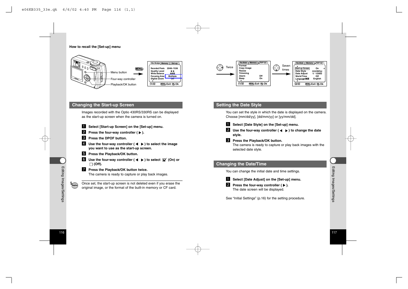 Changing the start-up screen, Setting the date style, Changing the date/time | Pentax 330RS User Manual | Page 60 / 70