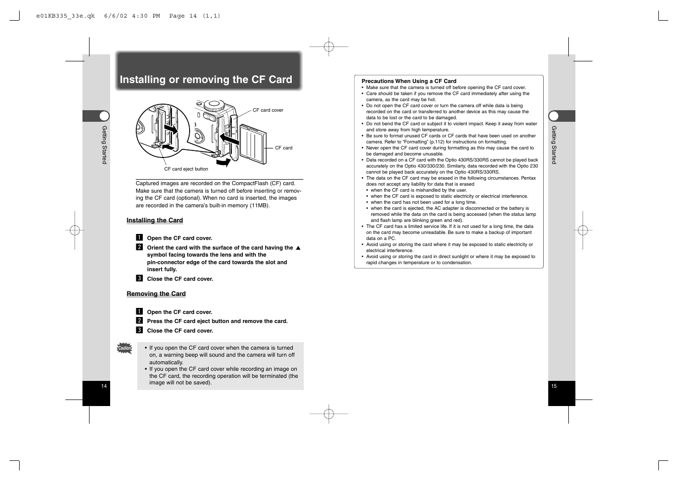 Installing or removing the cf card | Pentax 330RS User Manual | Page 9 / 70