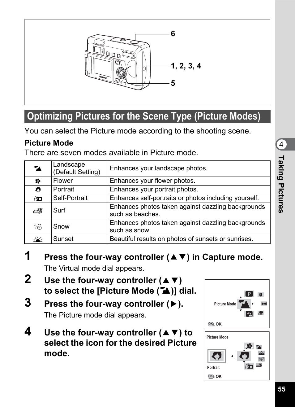 P.55, Press the four-way controller ( 5 ) | Pentax Optio 33LF User Manual | Page 56 / 106