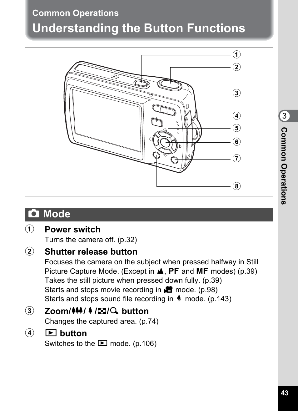 Common operations, Understanding the button functions, Capture mode | Mode, Amode | Pentax Optio M20 User Manual | Page 45 / 192