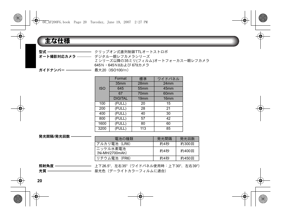 主な仕様 | Pentax AF 200FG User Manual | Page 22 / 54