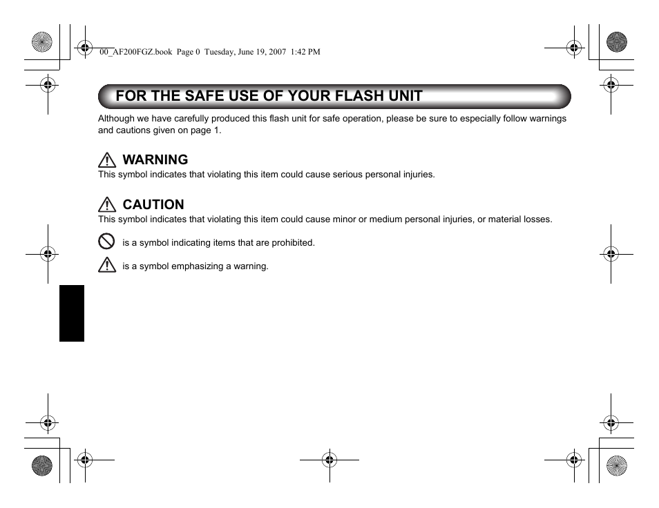 For the safe use of your flash unit, Warning, Caution | Pentax AF 200FG User Manual | Page 30 / 54
