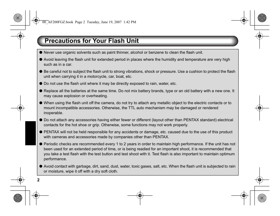 Precautions for your flash unit | Pentax AF 200FG User Manual | Page 32 / 54