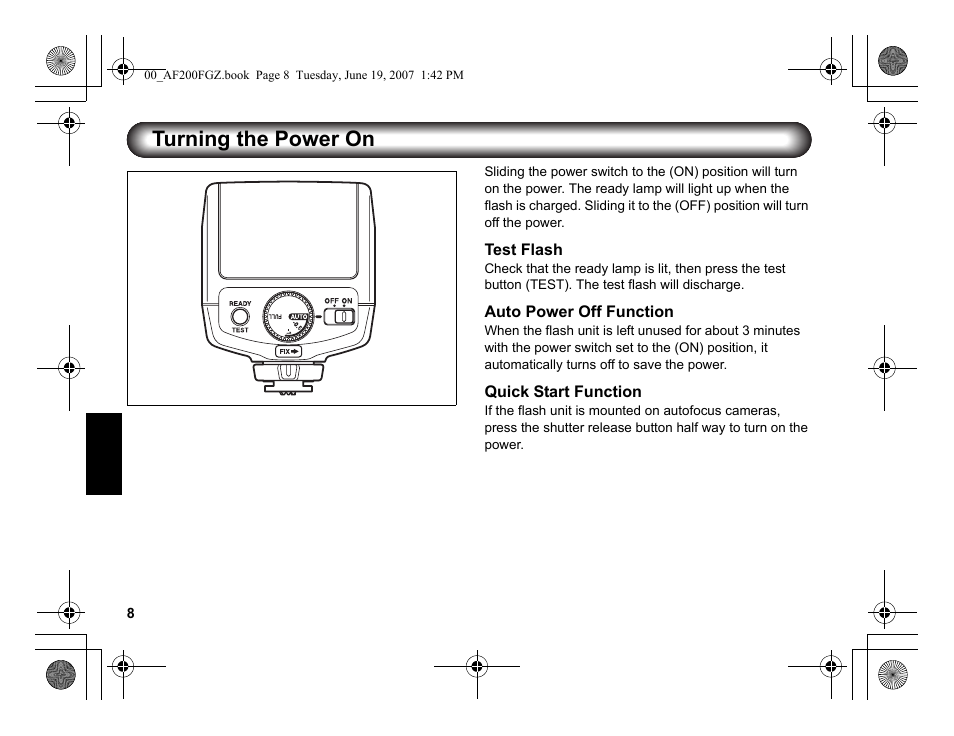 Turning the power on | Pentax AF 200FG User Manual | Page 38 / 54