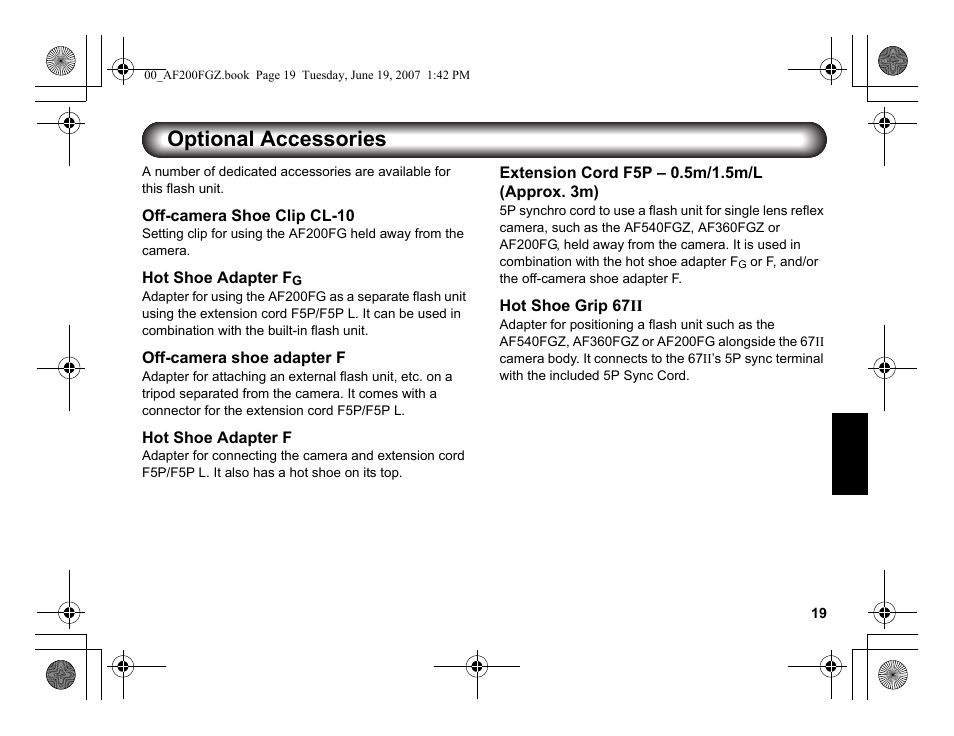 Optional accessories | Pentax AF 200FG User Manual | Page 49 / 54
